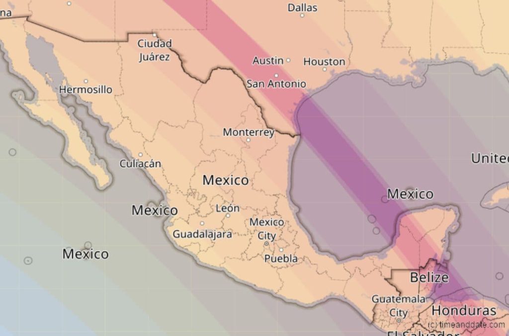Ruta del eclipse solar en México 2023. Imagen: timeanddate.com¿Dónde ver el eclipse solar anular en México? Aunque el eclipse de Sol pasa por nuestro país, la mejor vista solo la tendrán tres estados: Campeche, Quintana Roo y Yucatán.